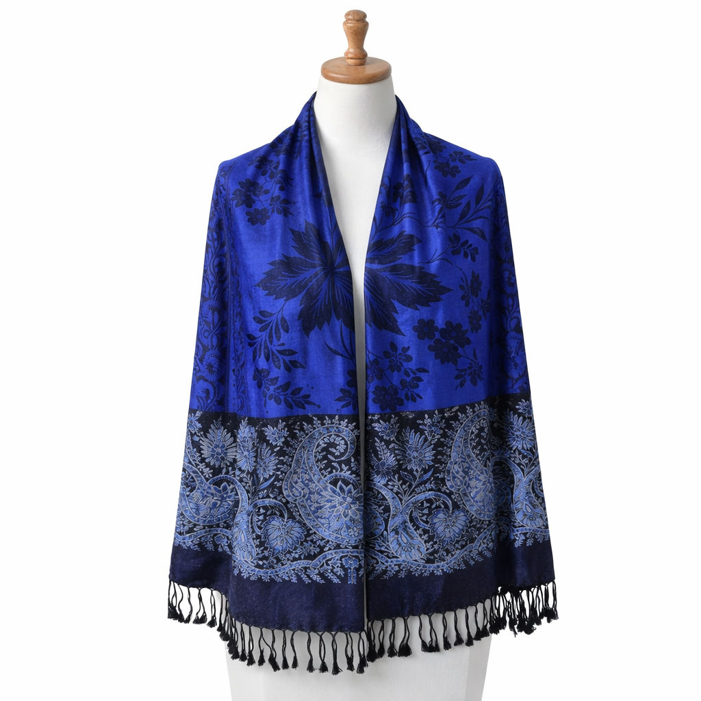 Royal Blue/Black Floral Jacquard Shawl